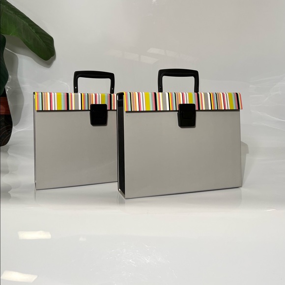 2 Expanding Accordion File Boxes with Latch and Handle Gray/ Muti color stripes - Picture 2 of 14
